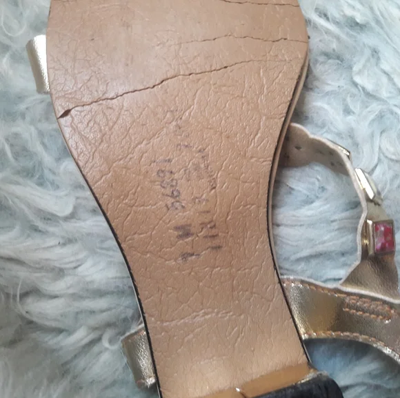 60s Vintage Mod Multi Colored JEWEL Studded Gold Lame Block Heel Sandals Size 7 - Picture 15 of 16